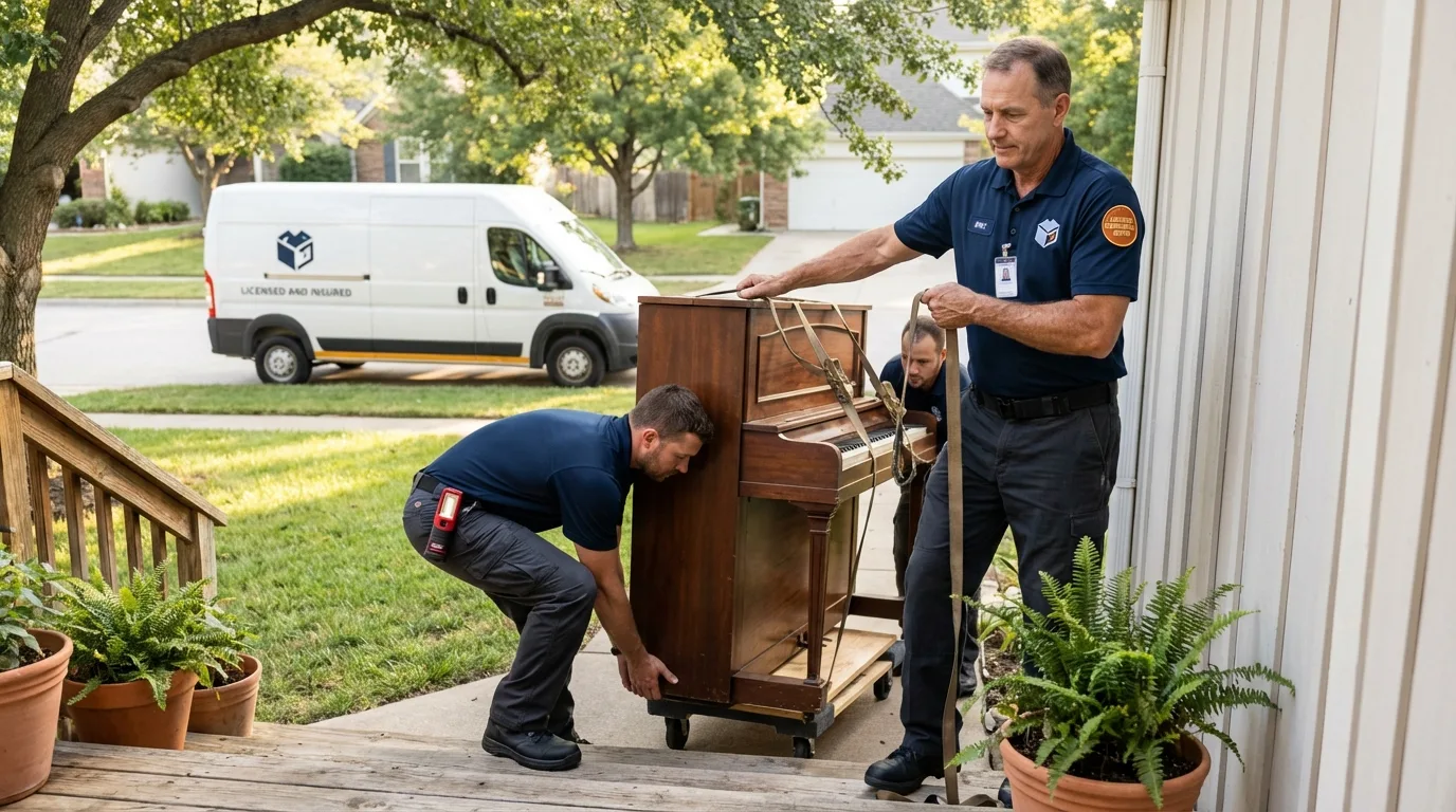 Licensed piano movers securing grand piano in Jersey City, NJ
