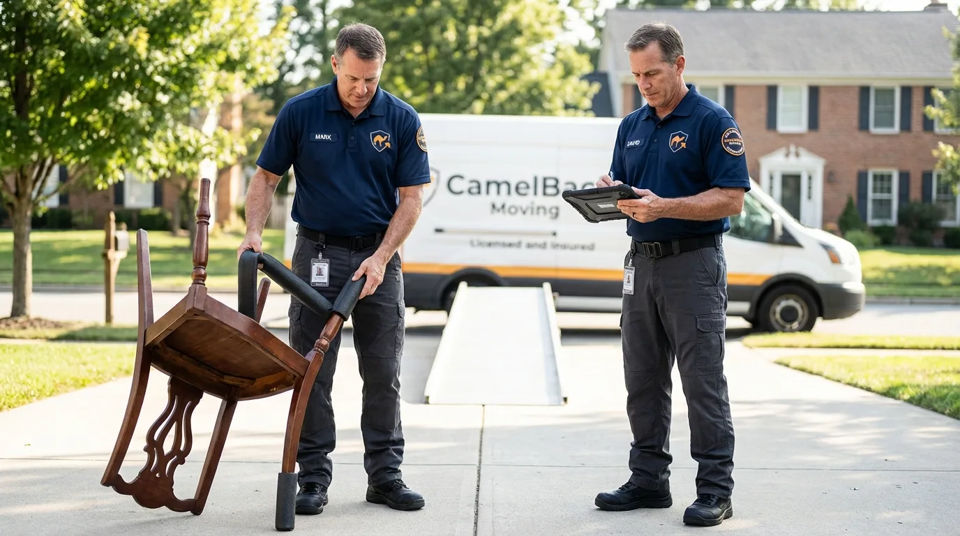 Movers inspecting furniture for damage prevention before loading in Jersey City, NJ