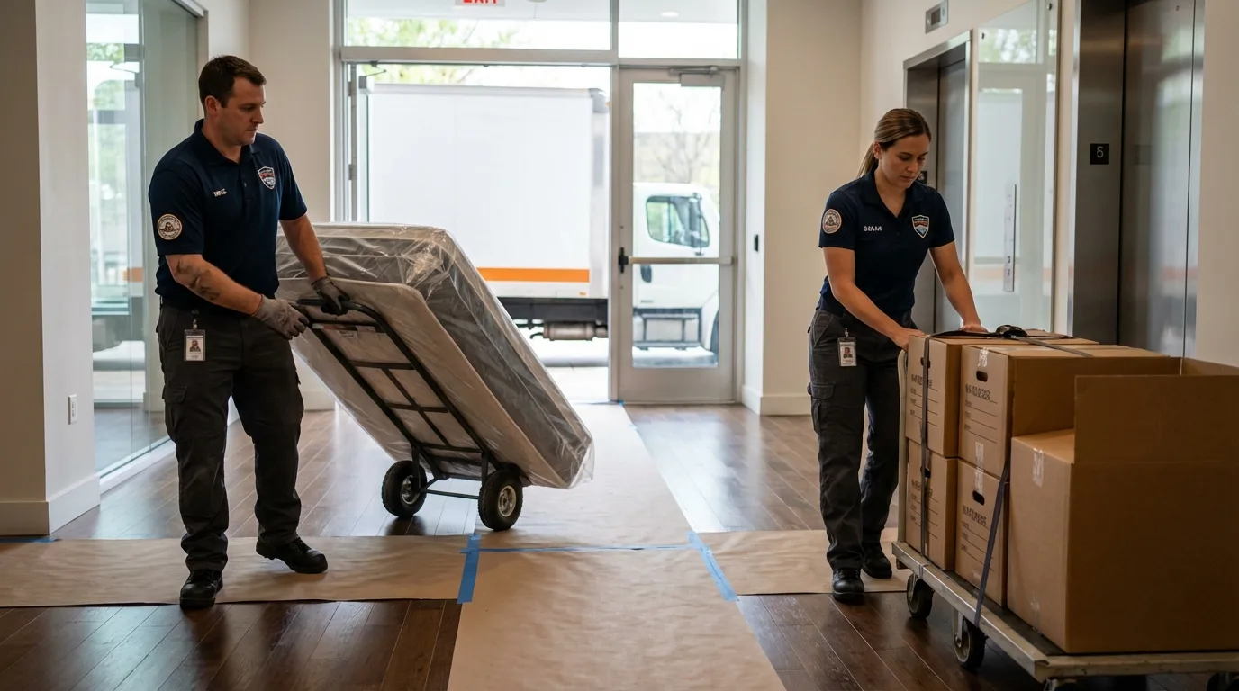 Professional apartment movers loading elevator in Jersey City, NJ