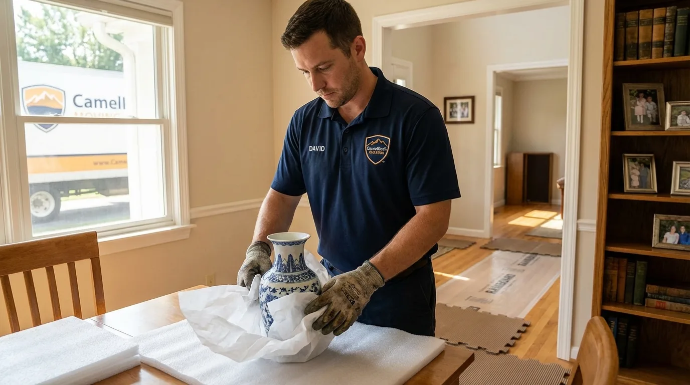Professional crew carefully wrapping antique vase for senior downsizing move in Jersey City, NJ